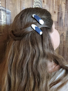 Fabric Hair Clips - White/Navy Chevron